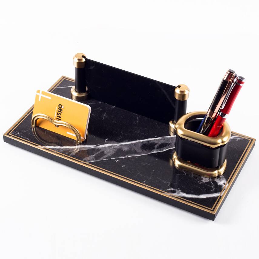 Prag Mermer Desenli Ahşap Gold Renk Masa İsimliği Ofis Masaüstü İsimlik Seti Ofis Hediye Yeni İş - 4