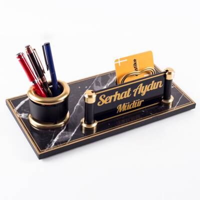 Prag Mermer Desenli Ahşap Gold Renk Masa İsimliği Ofis Masaüstü İsimlik Seti Ofis Hediye Yeni İş - 2