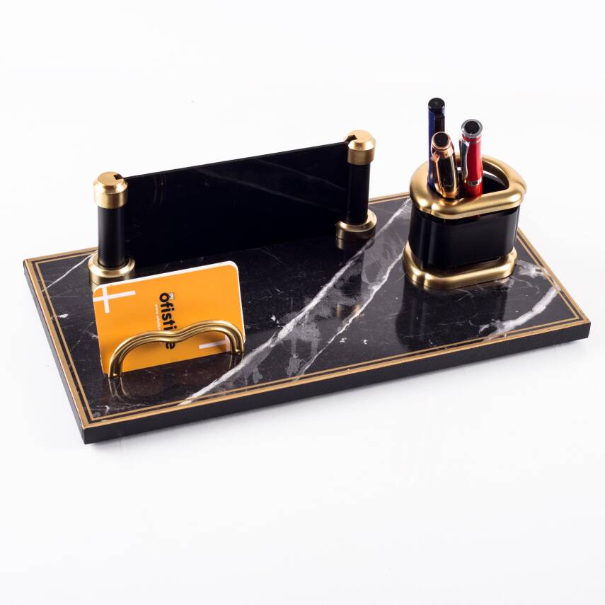 Prag Mermer Desenli Ahşap Gold Renk Masa İsimliği Ofis Masaüstü İsimlik Seti Ofis Hediye Yeni İş - 3