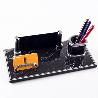 Prag Mermer Desenli Ahşap Gümüş Renk Masa İsimliği Ofis Masaüstü İsimlik Seti Ofis Hediye Yeni İş - 3