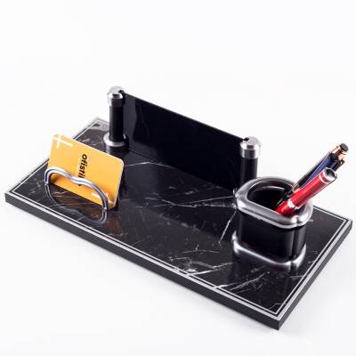 Prag Mermer Desenli Ahşap Gümüş Renk Masa İsimliği Ofis Masaüstü İsimlik Seti Ofis Hediye Yeni İş - 4