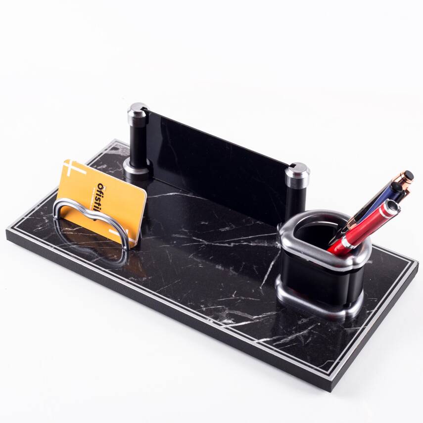 Prag Mermer Desenli Ahşap Gümüş Renk Masa İsimliği Ofis Masaüstü İsimlik Seti Ofis Hediye Yeni İş - 4