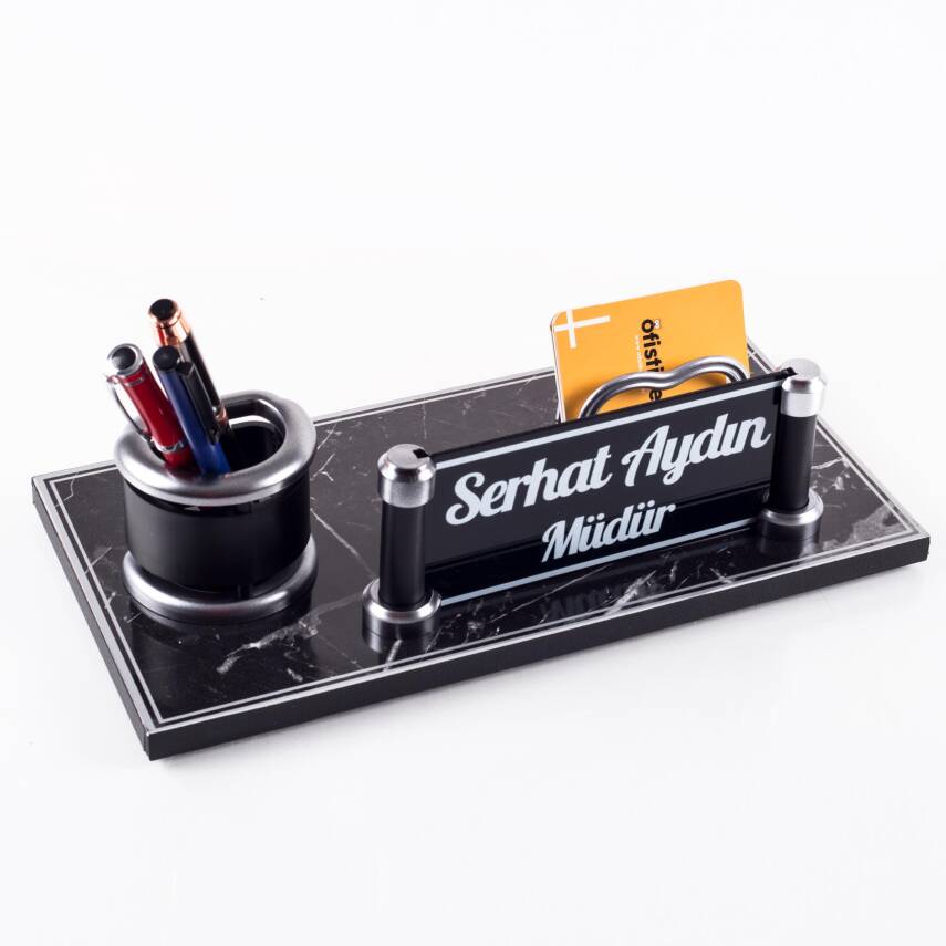 Prag Mermer Desenli Ahşap Gümüş Renk Masa İsimliği Ofis Masaüstü İsimlik Seti Ofis Hediye Yeni İş - 1