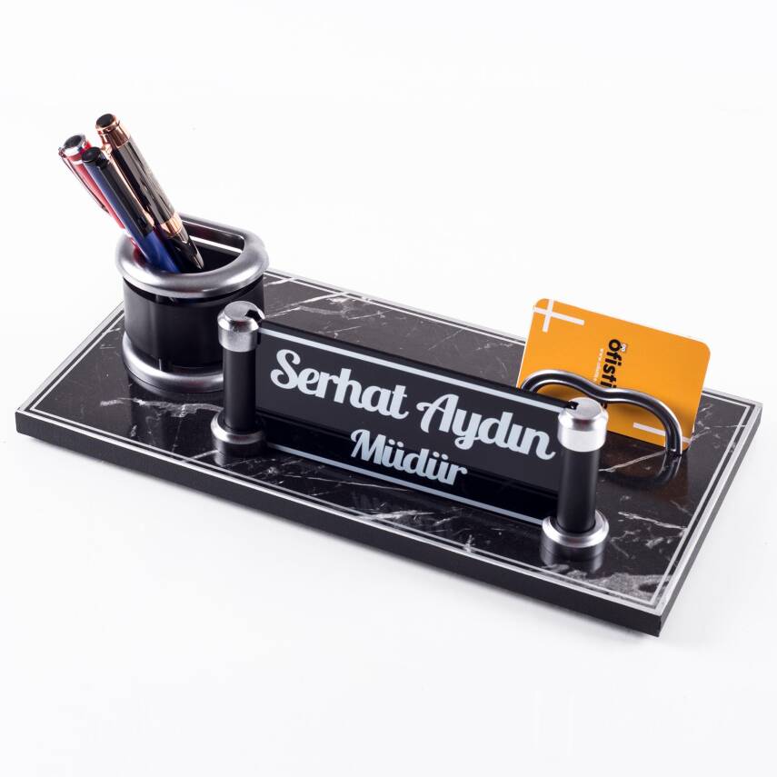 Prag Mermer Desenli Ahşap Gümüş Renk Masa İsimliği Ofis Masaüstü İsimlik Seti Ofis Hediye Yeni İş - 2