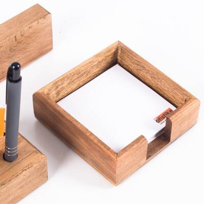 Premium Kayın Masa İsimliği Hediye Masa üstü Organizer Blok İsimlik Masif 3 Parça Ofis Masaüstü Set - 6