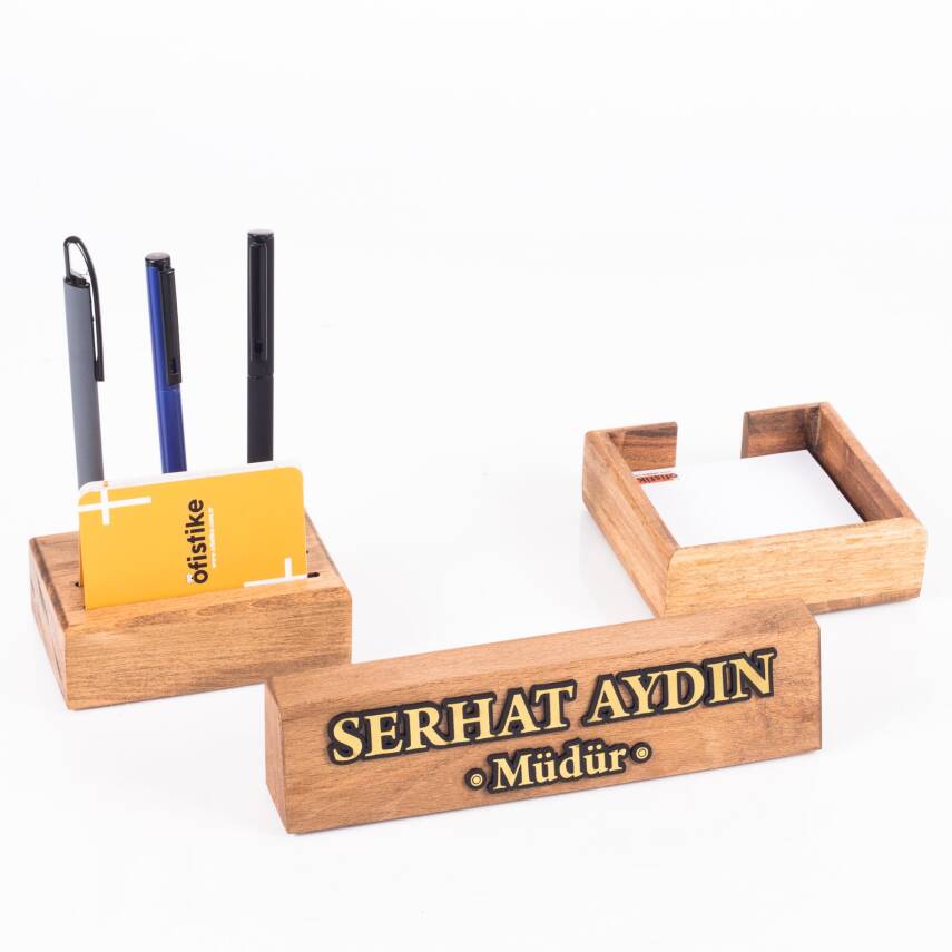 Premium Kayın Masa İsimliği Hediye Masa üstü Organizer Blok İsimlik Masif 3 Parça Ofis Masaüstü Set - 1
