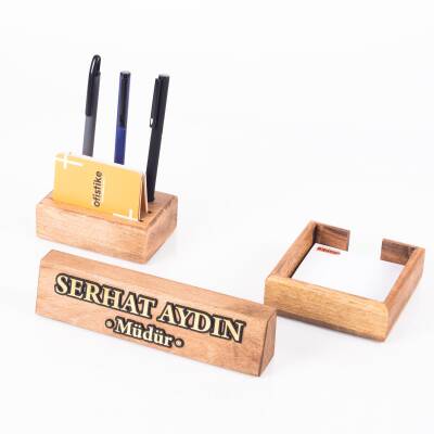 Premium Kayın Masa İsimliği Hediye Masa üstü Organizer Blok İsimlik Masif 3 Parça Ofis Masaüstü Set - 2