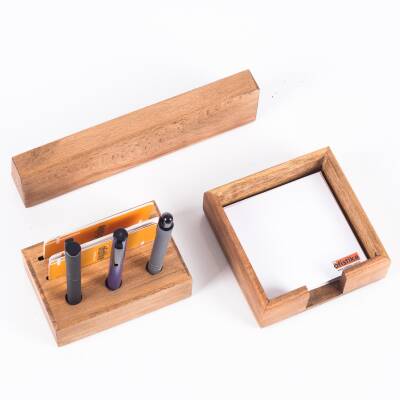 Premium Kayın Masa İsimliği Hediye Masa üstü Organizer Blok İsimlik Masif 3 Parça Ofis Masaüstü Set - 3