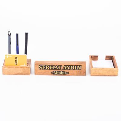 Premium Kayın Masa İsimliği Hediye Masa üstü Organizer Blok İsimlik Masif 3 Parça Ofis Masaüstü Set - 5