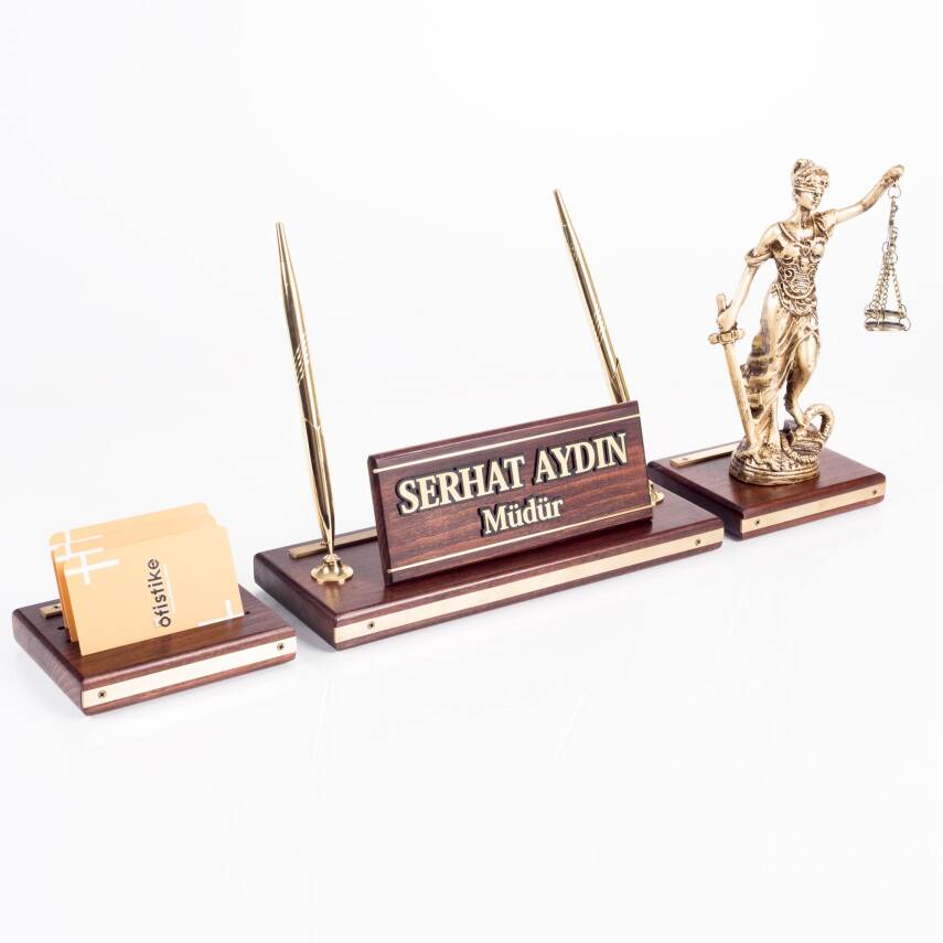 Premium Maun Masa İsimliği Avukat Hakim Savcı Masa üstü İsimlik Pirinç Masif 3 Parça Adalet Heykeli - 2