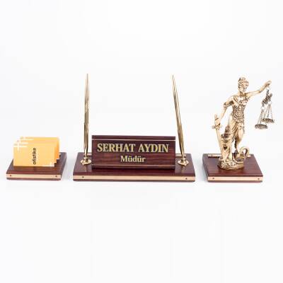 Premium Maun Masa İsimliği Avukat Hakim Savcı Masa üstü İsimlik Pirinç Masif 3 Parça Adalet Heykeli - 5