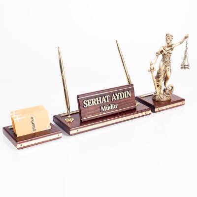 Premium Maun Masa İsimliği Avukat Hakim Savcı Masa üstü İsimlik Pirinç Masif 3 Parça Adalet Heykeli - 2