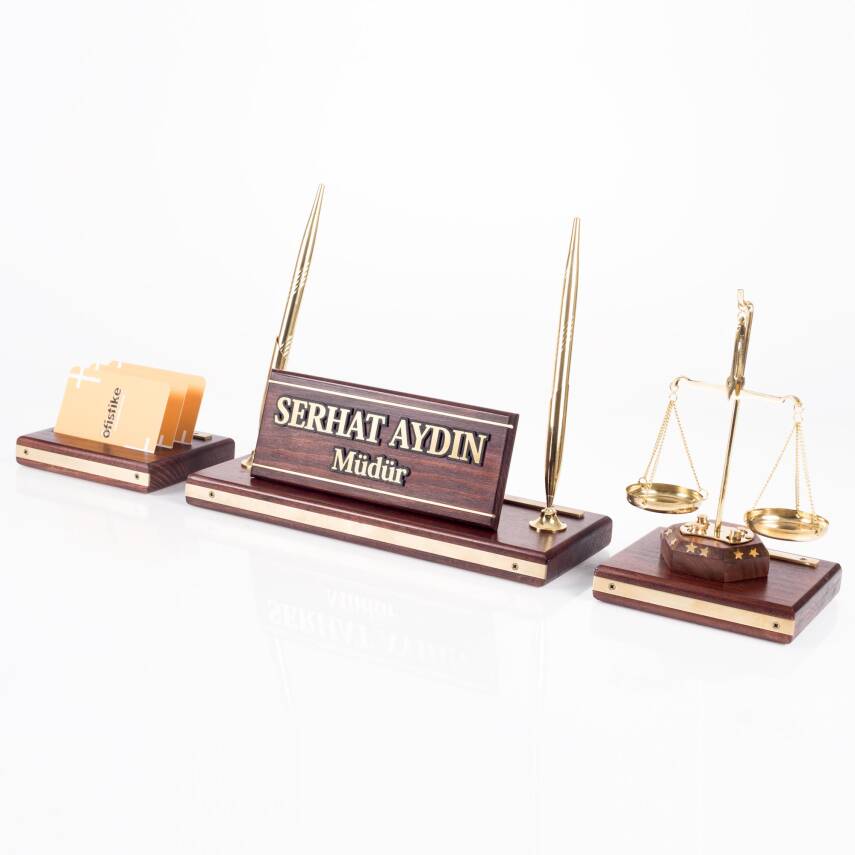 Premium Maun Masa İsimliği Avukat Hakim Savcı Masa üstü İsimlik Pirinç Masif 3 Parça Terazi Heykeli - 1