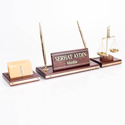 Premium Maun Masa İsimliği Avukat Hakim Savcı Masa üstü İsimlik Pirinç Masif 3 Parça Terazi Heykeli - 2