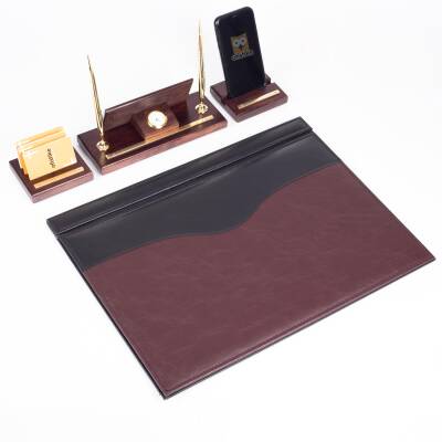 Premium Maun Masa İsimliği Bordo-Siyah Masa Sümeni Telefon Standlı Masa üstü İsimlik Pirinç 4 Parça 