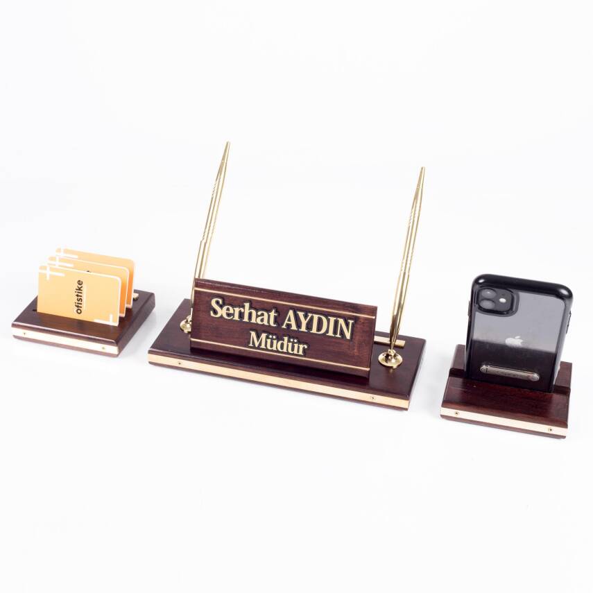 Premium Maun Masa İsimliği Bordo-Siyah Masa Sümeni Telefon Standlı Masa üstü İsimlik Pirinç 4 Parça - 2