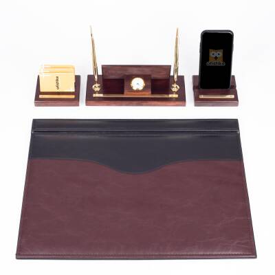 Premium Maun Masa İsimliği Bordo-Siyah Masa Sümeni Telefon Standlı Masa üstü İsimlik Pirinç 4 Parça - 3
