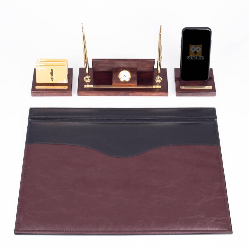 Premium Maun Masa İsimliği Bordo-Siyah Masa Sümeni Telefon Standlı Masa üstü İsimlik Pirinç 4 Parça - 3