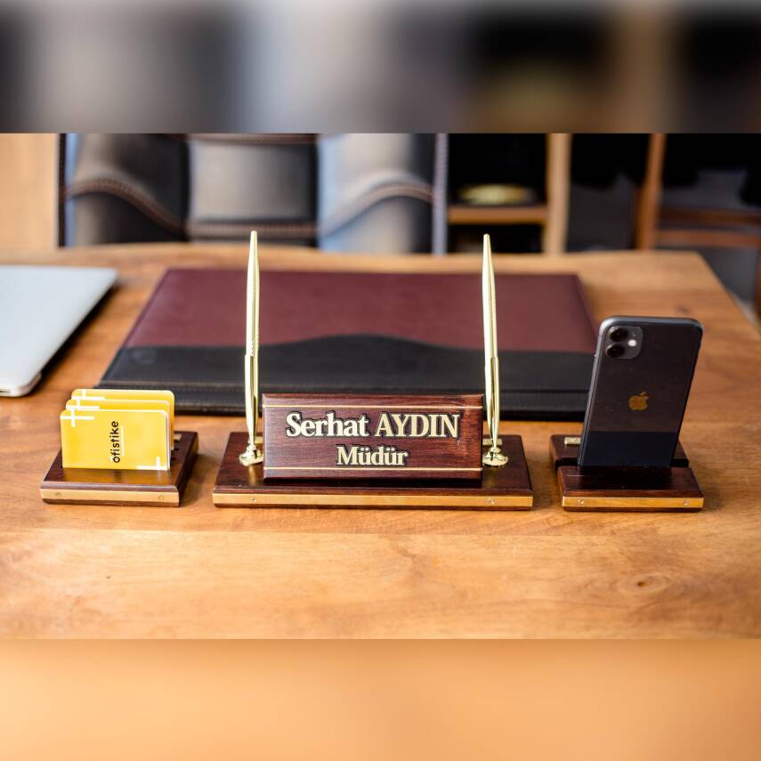 Premium Maun Masa İsimliği Bordo-Siyah Masa Sümeni Telefon Standlı Masa üstü İsimlik Pirinç 4 Parça - 4
