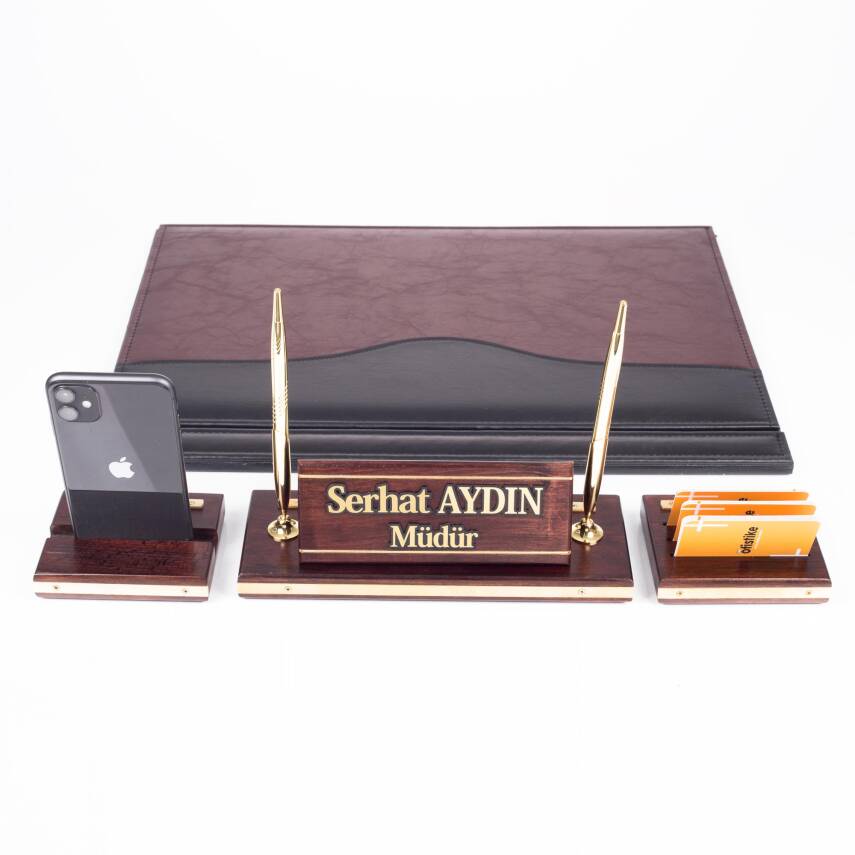 Premium Maun Masa İsimliği Bordo-Siyah Masa Sümeni Telefon Standlı Masa üstü İsimlik Pirinç 4 Parça - 5