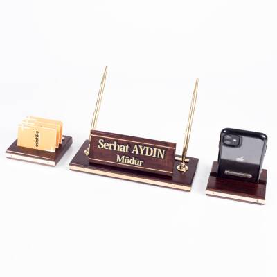 Premium Maun Masa İsimliği Telefon Standlı Masa üstü İsimlik Pirinç Masif 3 Parça İsimlik - Ofistike