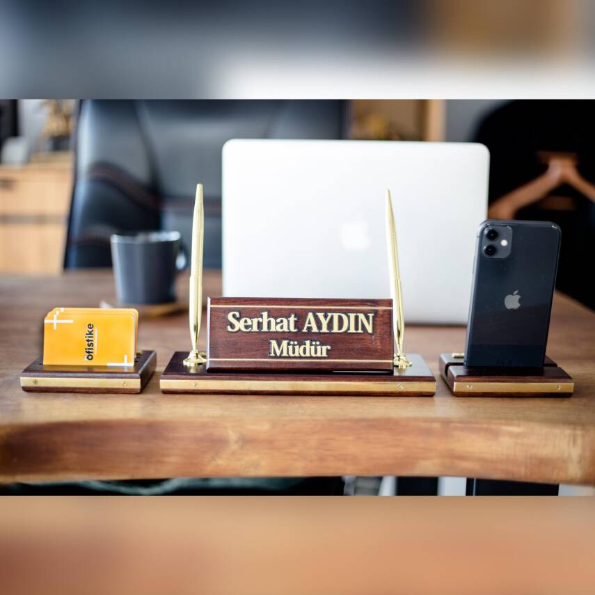 Premium Maun Masa İsimliği Telefon Standlı Masa üstü İsimlik Pirinç Masif 3 Parça İsimlik - 6