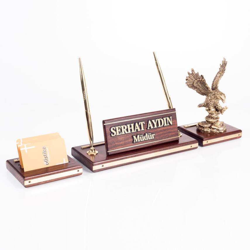 Premium Maun Masa İsimliği Yönetici Masa üstü İsimlik Pirinç İşlemeli Masif 3 Parça Kartal Heykeli - 1