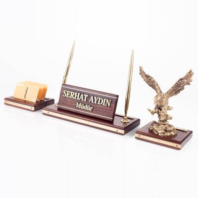 Premium Maun Masa İsimliği Yönetici Masa üstü İsimlik Pirinç İşlemeli Masif 3 Parça Kartal Heykeli - 2