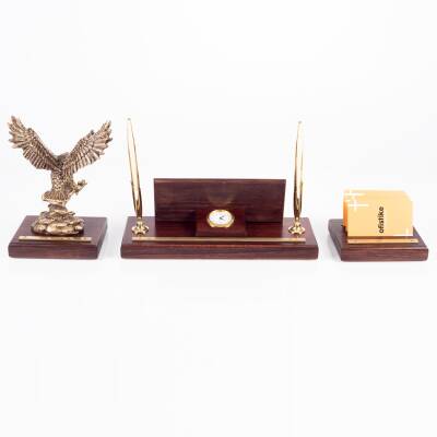 Premium Maun Masa İsimliği Yönetici Masa üstü İsimlik Pirinç İşlemeli Masif 3 Parça Kartal Heykeli - 5