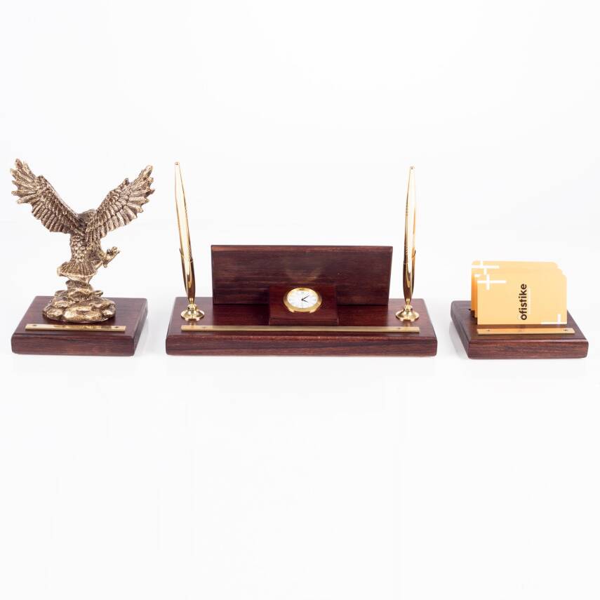 Premium Maun Masa İsimliği Yönetici Masa üstü İsimlik Pirinç İşlemeli Masif 3 Parça Kartal Heykeli - 5