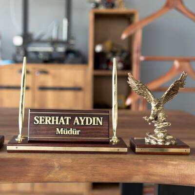 Premium Maun Masa İsimliği Yönetici Masa üstü İsimlik Pirinç İşlemeli Masif 3 Parça Kartal Heykeli - 6