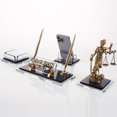 Prime Adalet Biblolu Kristal Masaüstü İsimlik Seti Ofis Hediyesi Masa İsimliği Şık Kalemlik Takımı - Ofistike
