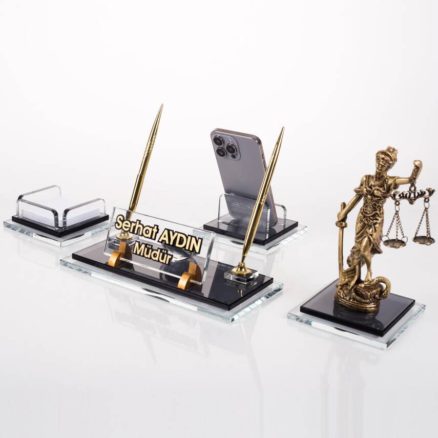 Prime Adalet Biblolu Kristal Masaüstü İsimlik Seti Ofis Hediyesi Masa İsimliği Şık Kalemlik Takımı - 1