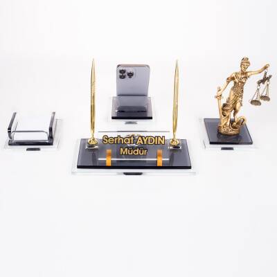 Prime Adalet Biblolu Kristal Masaüstü İsimlik Seti Ofis Hediyesi Masa İsimliği Şık Kalemlik Takımı - 2