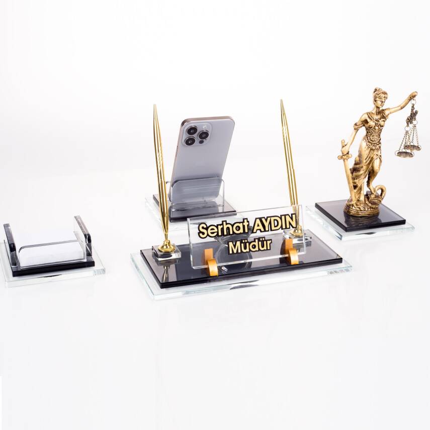 Prime Adalet Biblolu Kristal Masaüstü İsimlik Seti Ofis Hediyesi Masa İsimliği Şık Kalemlik Takımı - 3