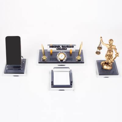 Prime Adalet Biblolu Kristal Masaüstü İsimlik Seti Ofis Hediyesi Masa İsimliği Şık Kalemlik Takımı - 4