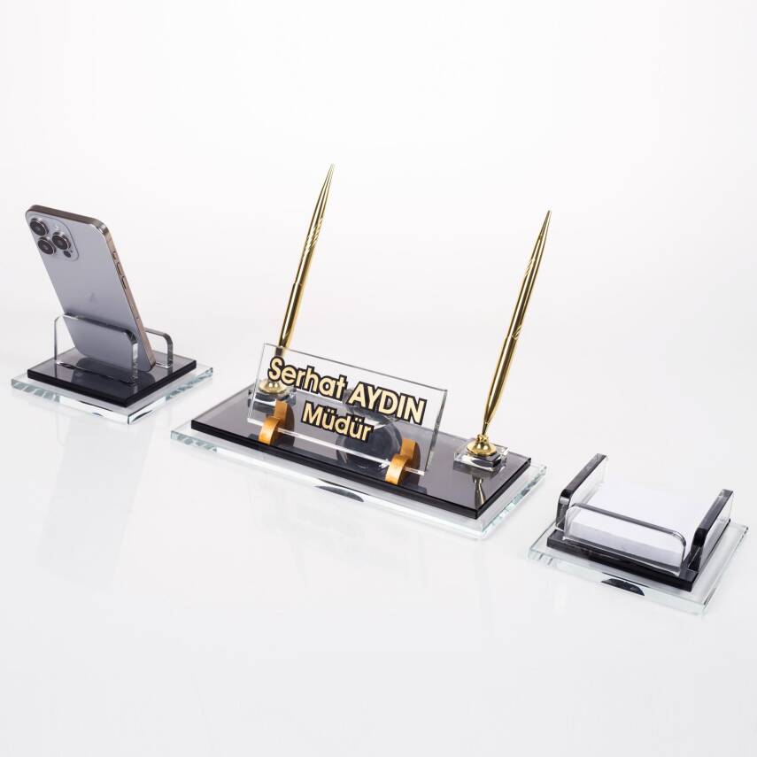 Prime Altın Kristal Masaüstü İsimlik Seti Ofis Hediyesi Masa İsimliği Şık Masalık Kalemlik Takımı - 1