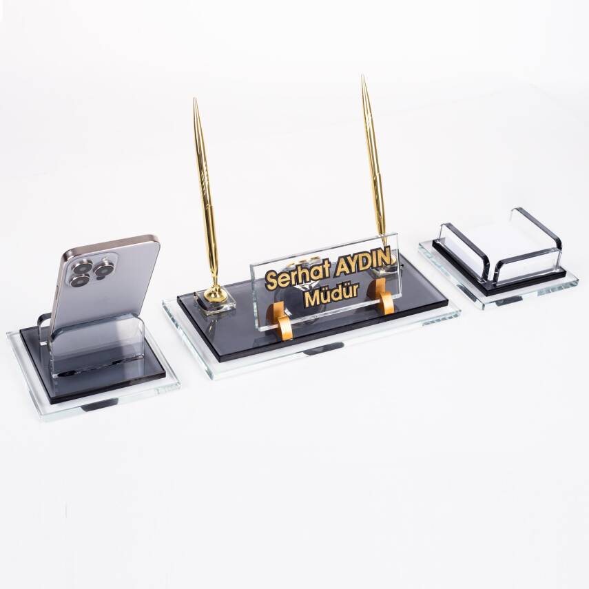 Prime Altın Kristal Masaüstü İsimlik Seti Ofis Hediyesi Masa İsimliği Şık Masalık Kalemlik Takımı - 3