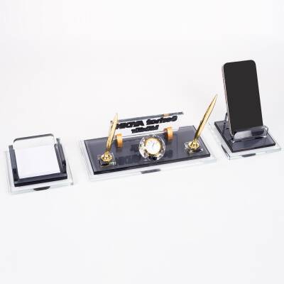 Prime Altın Kristal Masaüstü İsimlik Seti Ofis Hediyesi Masa İsimliği Şık Masalık Kalemlik Takımı - 4