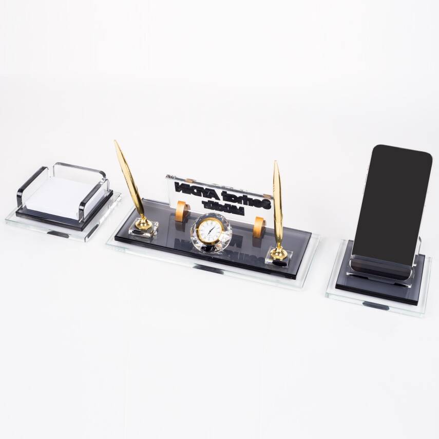 Prime Altın Kristal Masaüstü İsimlik Seti Ofis Hediyesi Masa İsimliği Şık Masalık Kalemlik Takımı - 5