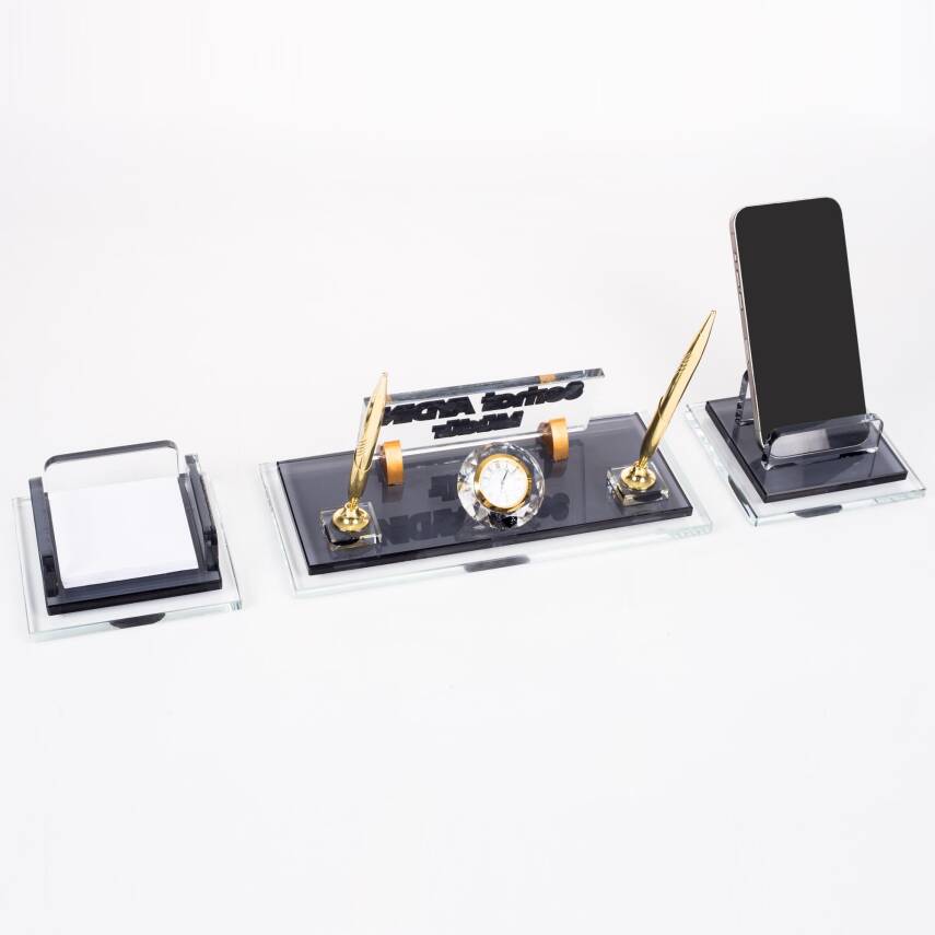 Prime Altın Kristal Masaüstü İsimlik Seti Ofis Hediyesi Masa İsimliği Şık Masalık Kalemlik Takımı - 4