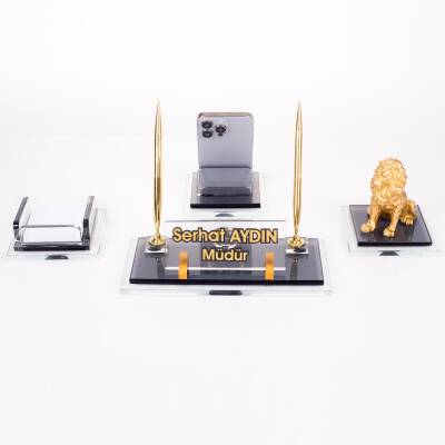 Prime Aslan Biblolu Kristal Masaüstü İsimlik Seti Ofis Hediyesi Masa İsimliği Şık Kalemlik Takımı - 2