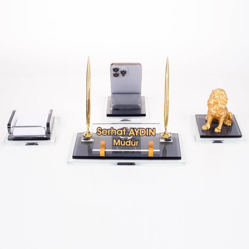 Prime Aslan Biblolu Kristal Masaüstü İsimlik Seti Ofis Hediyesi Masa İsimliği Şık Kalemlik Takımı - 2