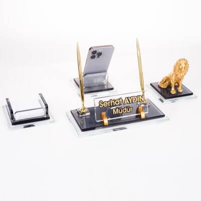 Prime Aslan Biblolu Kristal Masaüstü İsimlik Seti Ofis Hediyesi Masa İsimliği Şık Kalemlik Takımı - 3