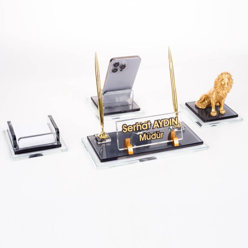 Prime Aslan Biblolu Kristal Masaüstü İsimlik Seti Ofis Hediyesi Masa İsimliği Şık Kalemlik Takımı - 3