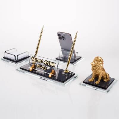 Prime Aslan Biblolu Kristal Masaüstü İsimlik Seti Ofis Hediyesi Masa İsimliği Şık Kalemlik Takımı 