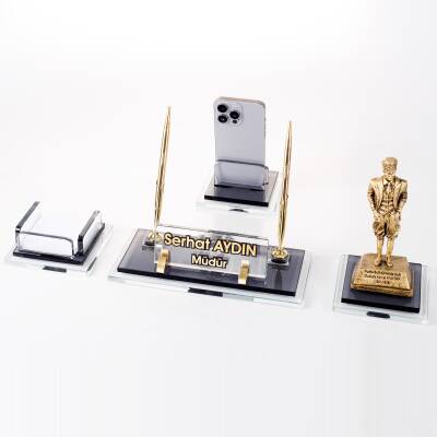 Prime Atatürk Biblolu Kristal Masaüstü İsimlik Seti Ofis Hediyesi Masa İsimliği Gold Kalemlik Takımı - Ofistike
