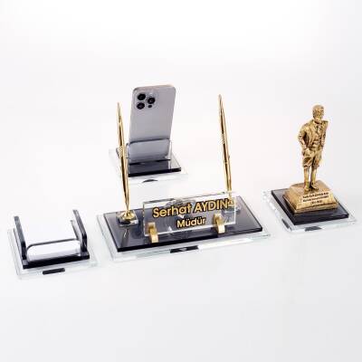 Prime Atatürk Biblolu Kristal Masaüstü İsimlik Seti Ofis Hediyesi Masa İsimliği Gold Kalemlik Takımı - 2