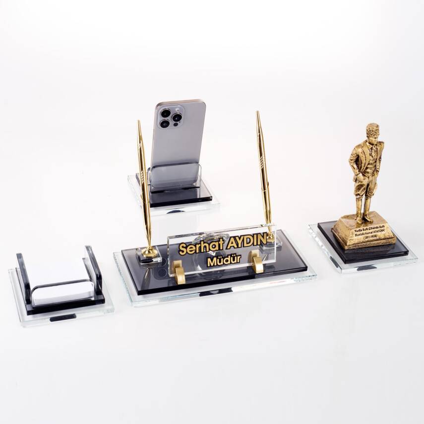 Prime Atatürk Biblolu Kristal Masaüstü İsimlik Seti Ofis Hediyesi Masa İsimliği Gold Kalemlik Takımı - 2