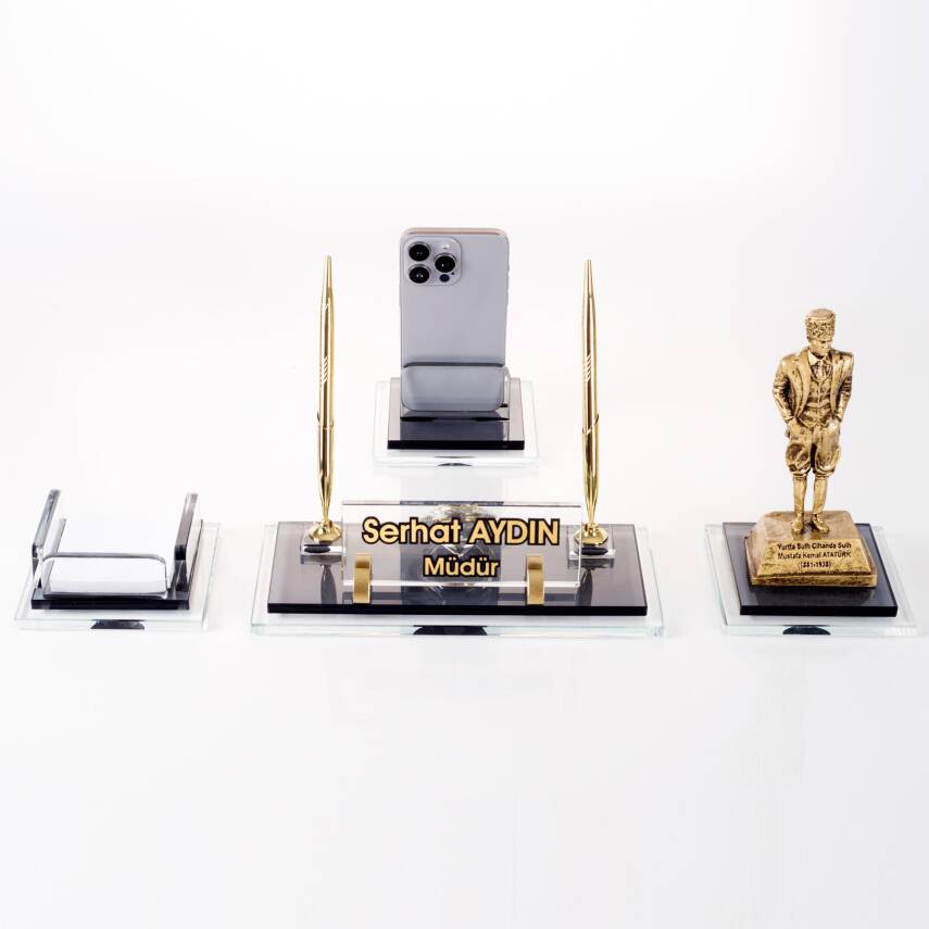 Prime Atatürk Biblolu Kristal Masaüstü İsimlik Seti Ofis Hediyesi Masa İsimliği Gold Kalemlik Takımı - 3